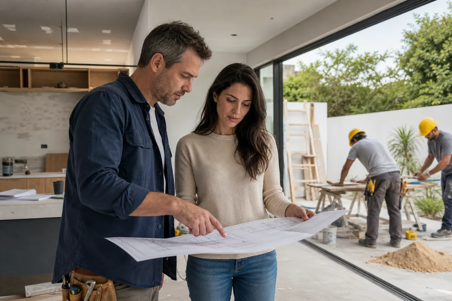 Cliente e profissional analisando o projeto de uma reforma residencial em andamento